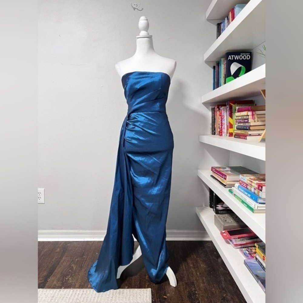 Elle Zeitoune Paulina Strapless Satin Gown in Blue Satin Size Small